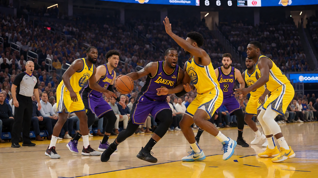 NBA季后赛湖人队与勇士队激烈对决比赛现场